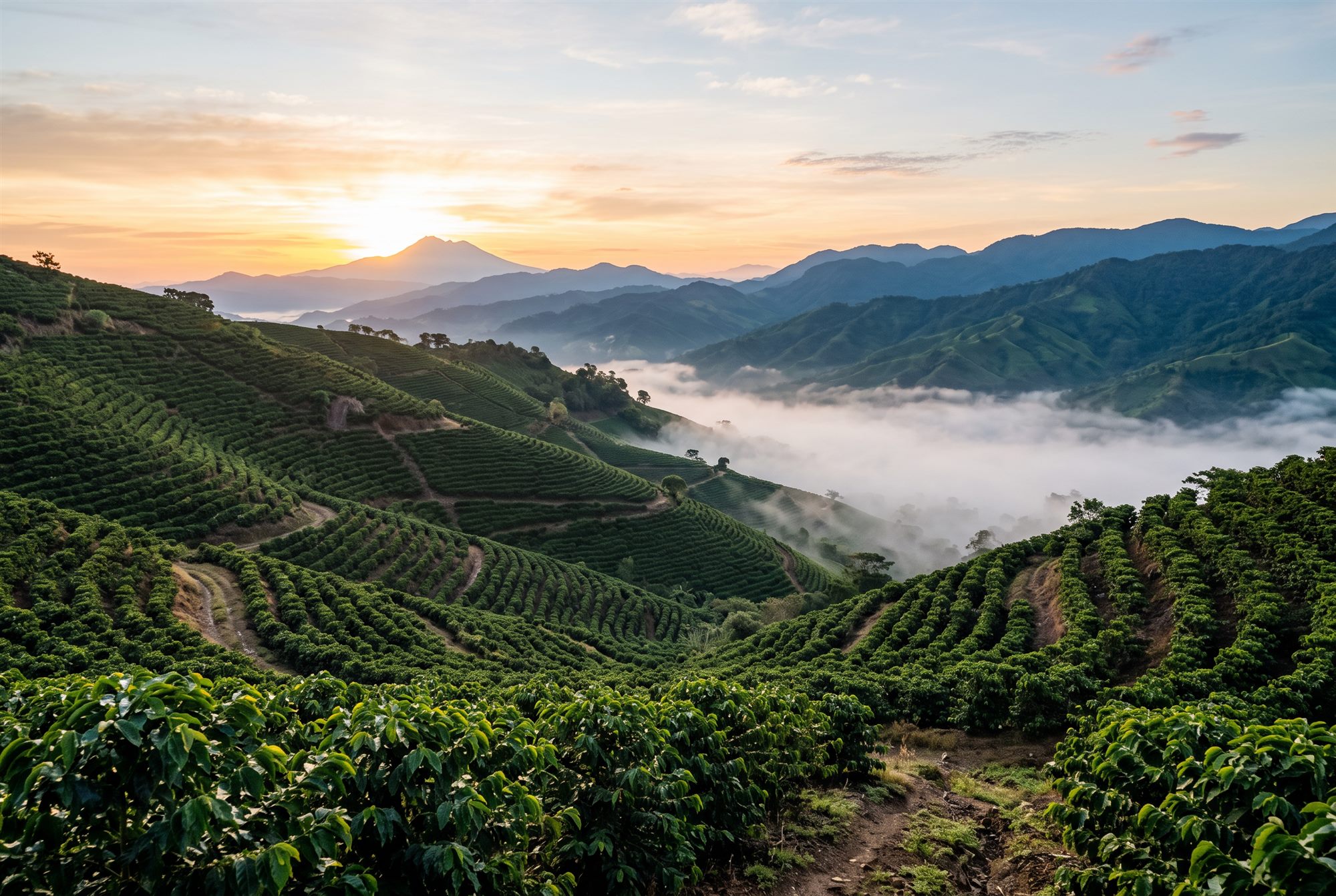 Cafetal en ladera de montaña al amanecer