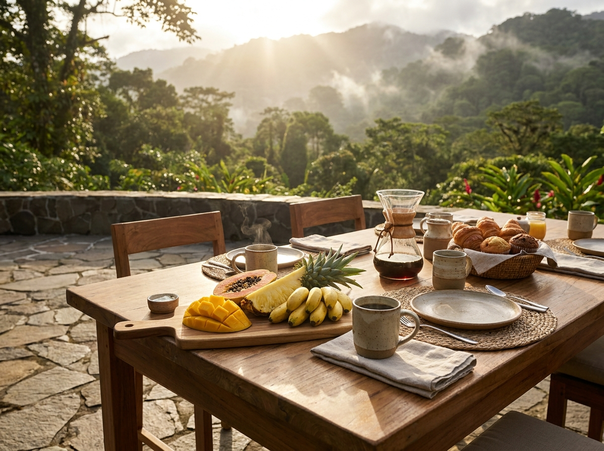 Mesa de desayuno gourmet con vista a la montaña