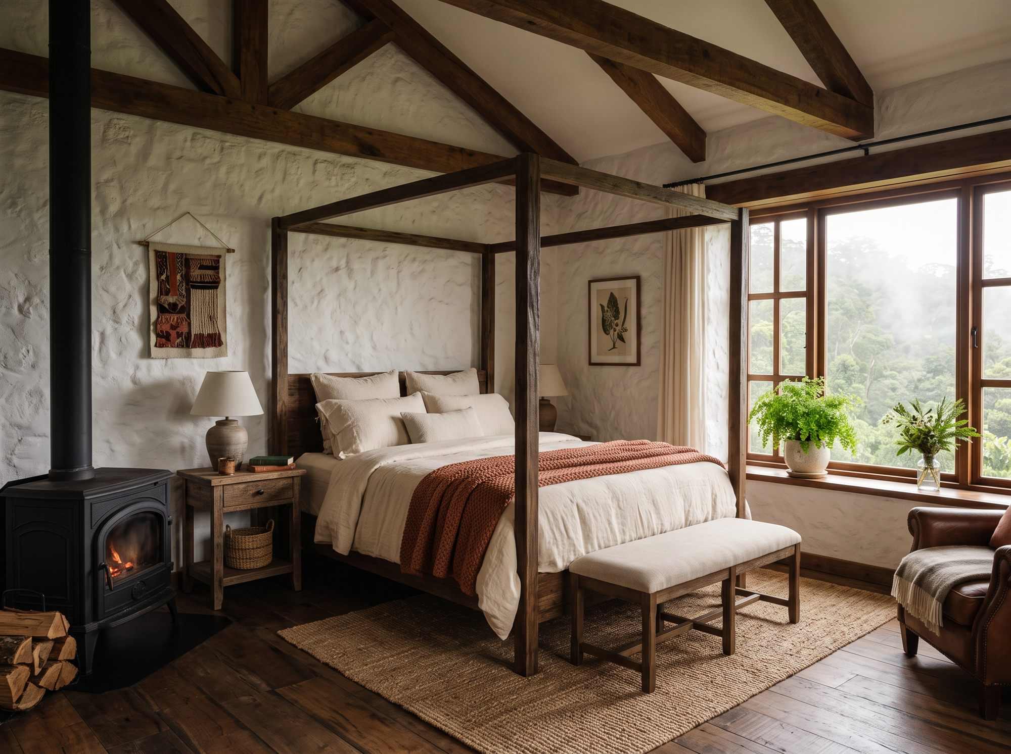 Habitación con cama con dosel, chimenea de leña y vista al bosque nuboso