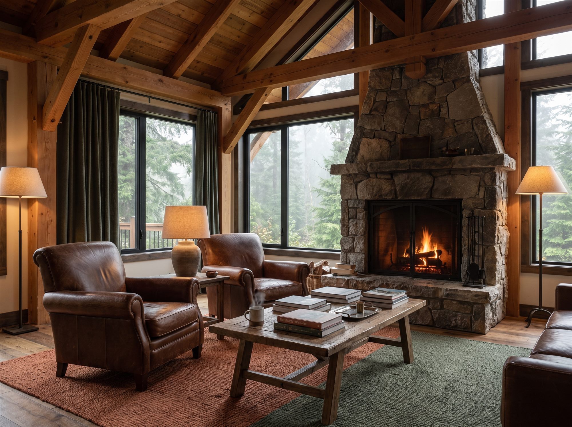 Sala de estar con chimenea de piedra y vista a la niebla