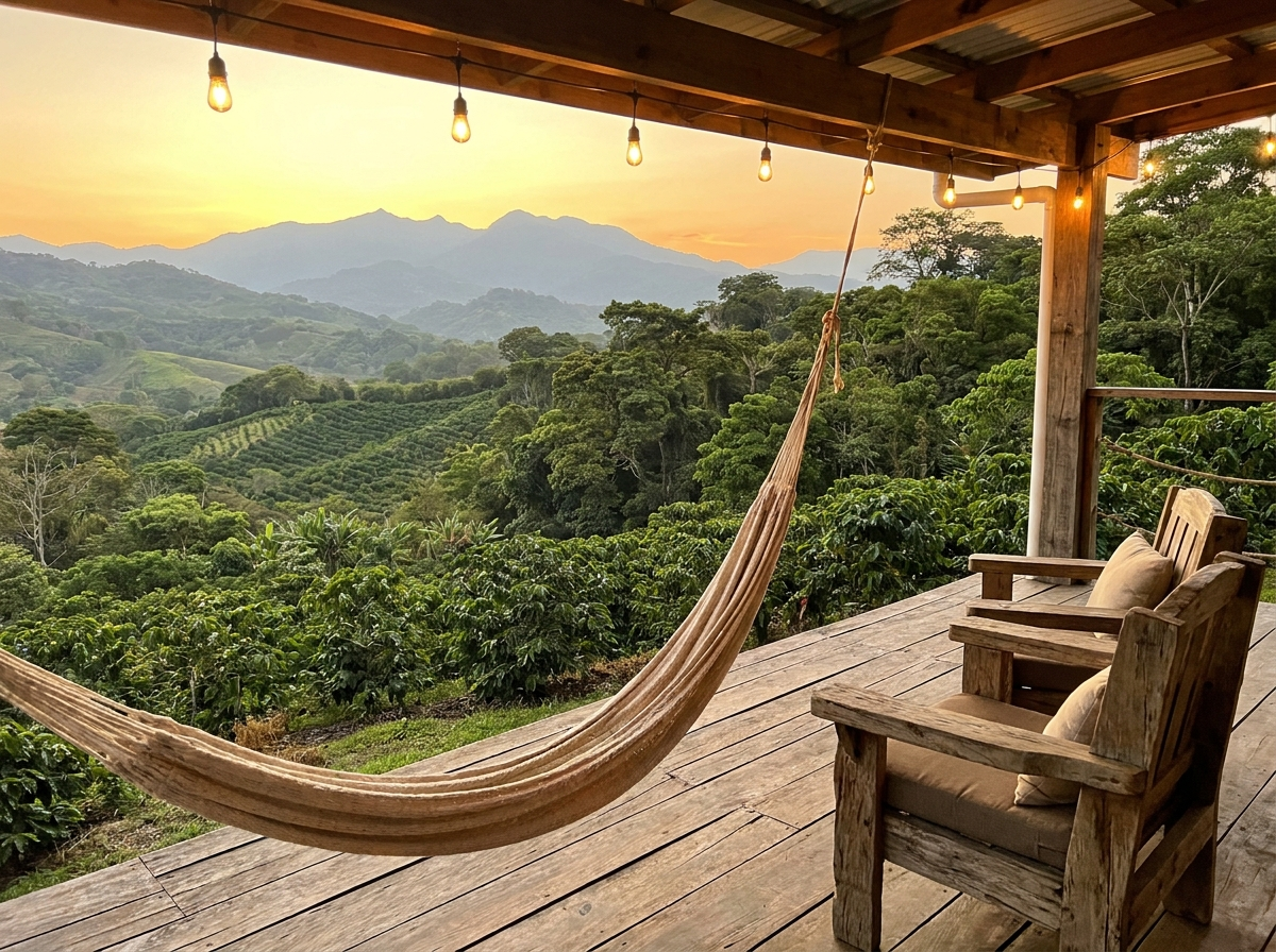 Terraza de Posada Cerro Alto al atardecer, con vista a las montañas de Boquete